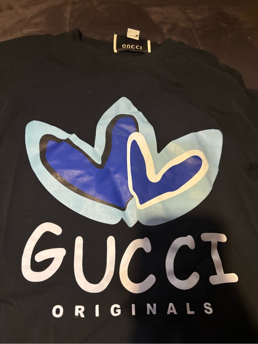 Gucci Black Tee with Blue Layered Heart Graphic